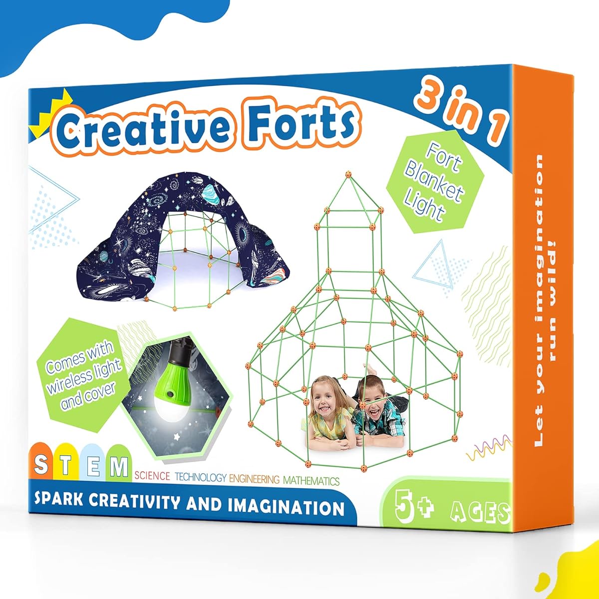 Tiny Land Kids Fort Building Kit with Blanket & Lights, Blanket Fort Toy for Ages 5 6 7 8 Boys Girls STEM Building Toys DIY Castle Tunnel Play Tent Rocket Tower Indoor & Outdoor