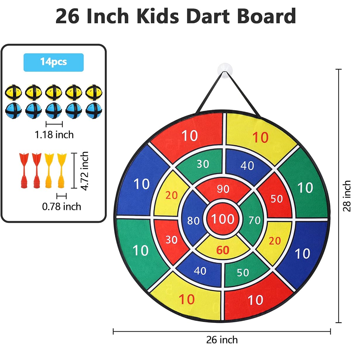 Dartboard Game Set, 26" Large Dartboard for Kids, Safe Indoor Outdoor Double-Sided Board Game Gift with 10 Sticky Balls & 4 Darts for Boys and Girls, Ages 3-12