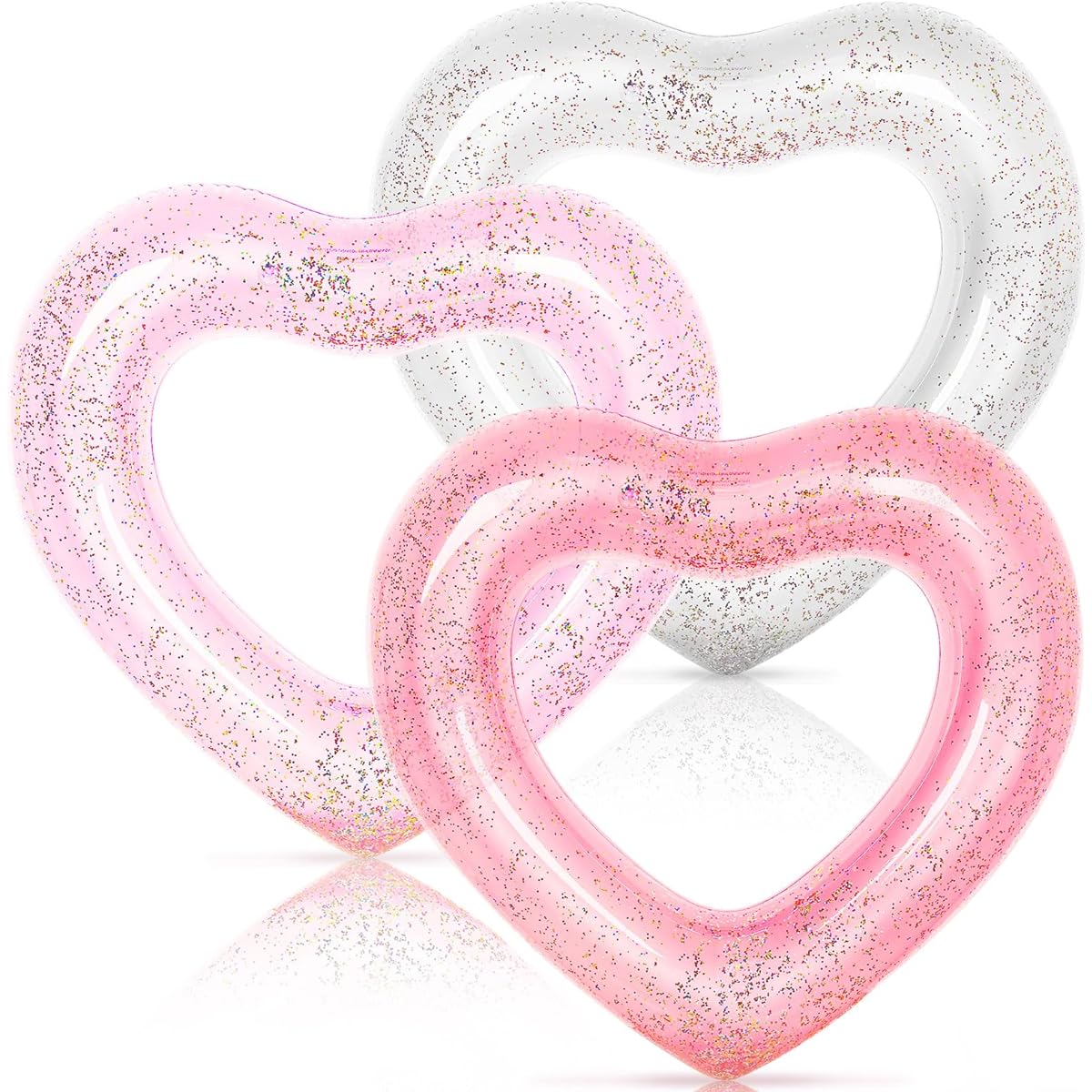Whaline Inflatable Heart Pool Floats, Set of 3 with Glitter Inside, Rose Gold, Pink and White, Swimming Heart Shape Pool Rings, Float Lounger Tubes for Summer Swimming Pool Beach Bachelorette Party, 47.3 x 39.4 Inch