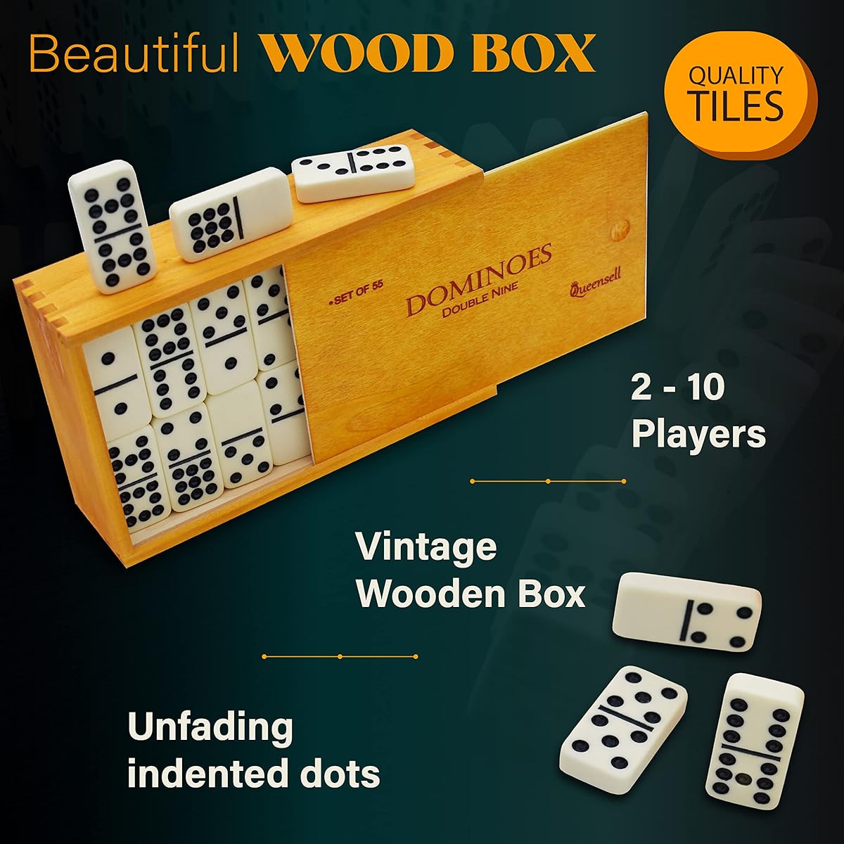 Domino Set for Adults, Families, and Kids Ages 9+ - Double Nine Domino Set for Classic Board Games - Domino Set for Family Games - Double Nine Domino Set with 55 Tiles and Wooden Case