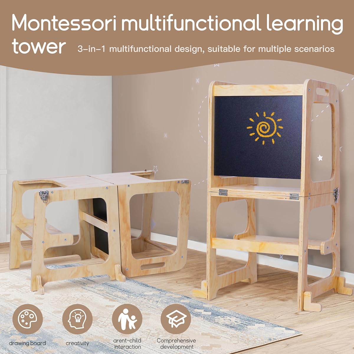 lesolar 3-in-1 Wooden Toddler Standing Tower, Montessori Assistant Tower, Perfect for Toddlers and Kids Ages 1-6, Kitchen Tower, Blackboard Tower, with Safety Rails