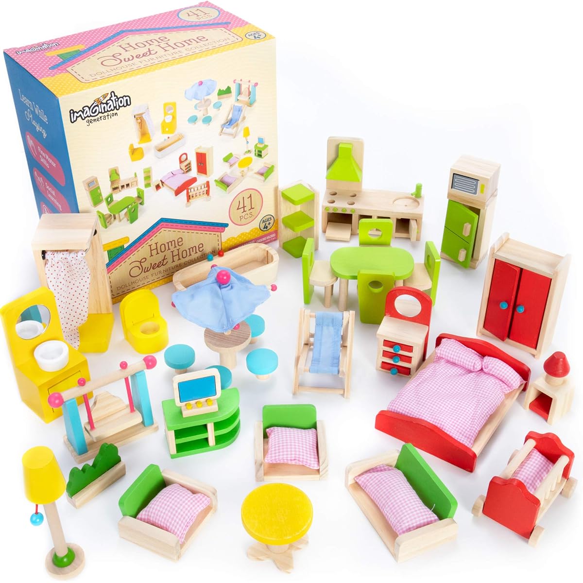 The Fully Furnished Bundle: 5 Sets of Colourful Wooden Dollhouse Furniture (41 Pieces) by Imagination Generation