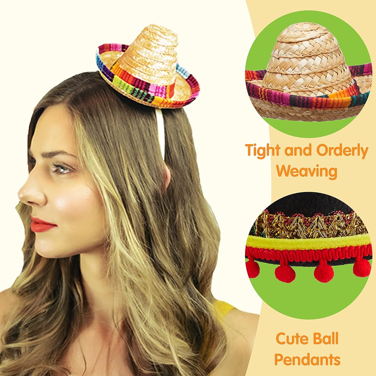 3 Piece Cinco De Mayo Fiesta Fabric and Straw Sombrero Headband Party Costume Fun Fiesta Hats Party Supplies Luau Event Photo Props Mexican Theme Decorations Dia De Muertos Party Favors