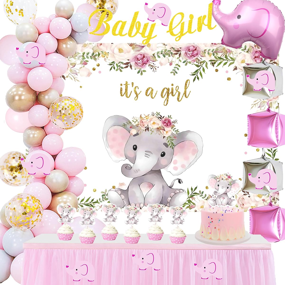 Baby Shower Party Supplies Girl Decorations - Baby Girl Banner, Latex Balloons, Square Balloons, Elephant Foil Balloons, Pink Elephant Cutouts, Toppers, Backdrop for Baby Shower Birthday Party
