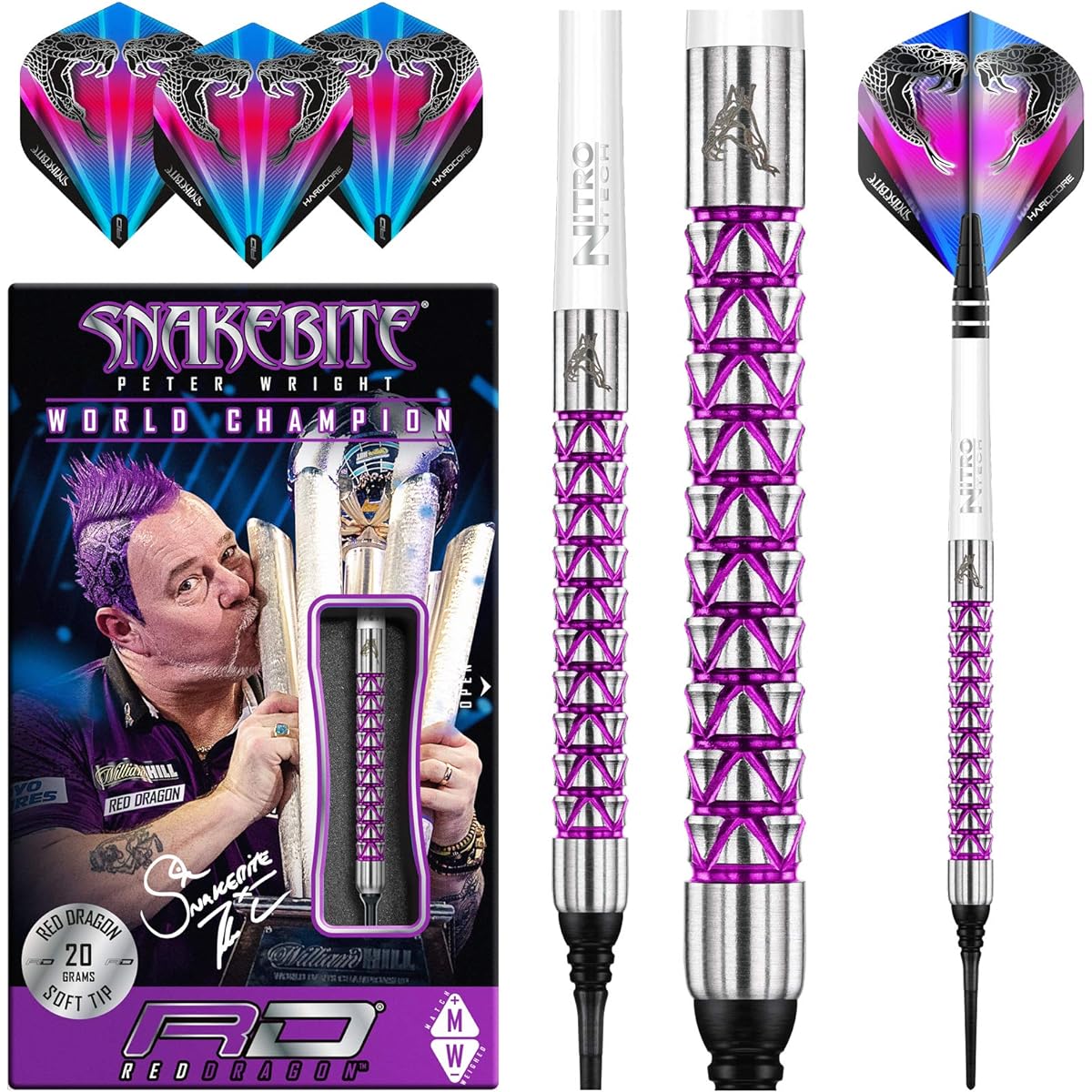 Red Dragon Peter Wright Snakebite Vyper Softip: 20 Gram - Tungsten Steel Darts with Flights and Shafts