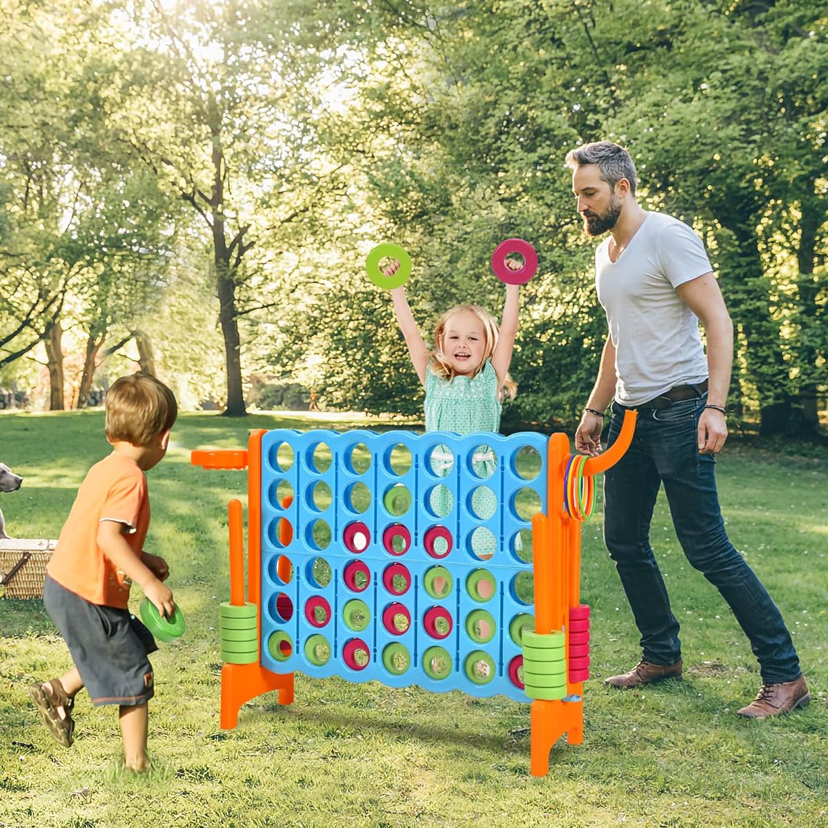 HONEY JOY Jumbo 4-Score Giant Game Set, 3-in-1 Indoor Outdoor Family Yard Game Set, Basketball Hoop & Ring Toss, 42 Jumbo Rings, Quick Release Riders, Huge 4"-A-Row for Kids & Adults (Orange)