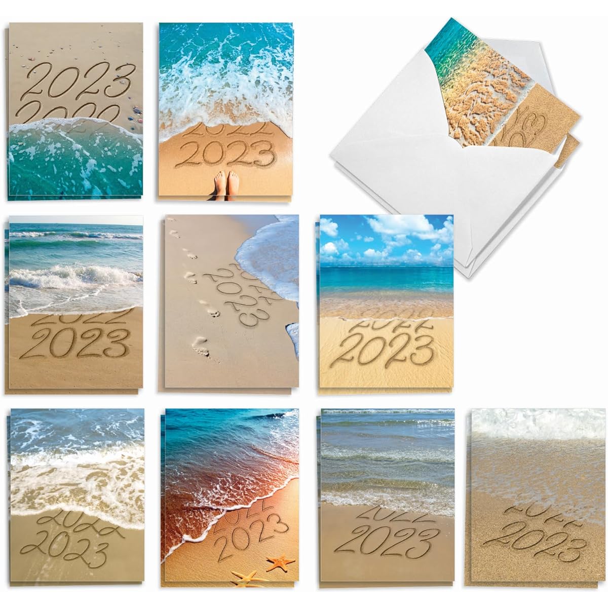 The Best Card Company 20 Assorted New Year Note Card Box Set 4 x 5.12 Inches with Envelopes (10 Designs, 2 of Each) Sands of Time 2023 AM6133NYG-B2x10-22