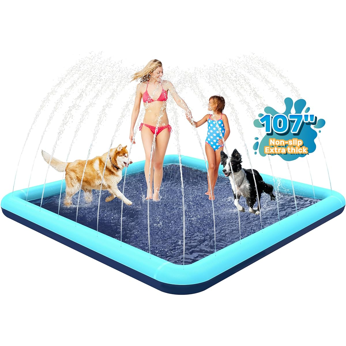 Bilibara 107" Splash Pad for Dogs, Non-Slip Sprinkler for Kids, Square Splash Pad for Kids Ages 4-8, Splash Pad for Toddlers 1-3, Dog Sprinkler, Shallow Pool, Outdoor Water Toy for Backyard, Teal
