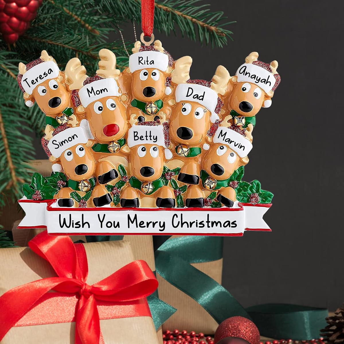 Personalized Deer Christmas Ornament 2021 Family 2,3,4,5,6,7,8 Custom Name Reindeer Christmas Ornament with Text Customized Christmas Decoration Gift - Family of 6
