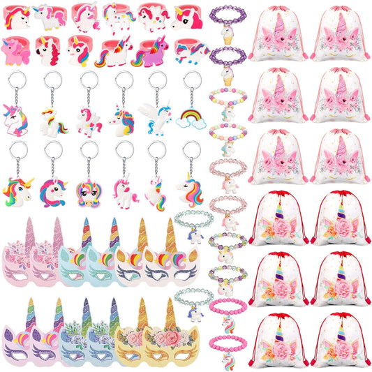 60 Pieces Unicorn Party Favors for Kids Unicorn Mask Colorful Unicorn Bracelet Ring Keychain with Drawstring Party Favors Bags Unicorn Goodie Bags Rainbow Unicorn Girls Birthday Party Supplies