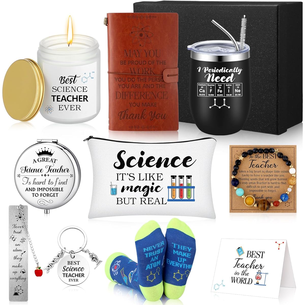 Umigy Teacher Appreciation Gift Set Teacher Gift Box Makeup Bag Candle Socks Bracelet Keychain Leather Journal Pocket Mirror Cards Bookmark Teacher Christmas Gifts (Science Teacher)