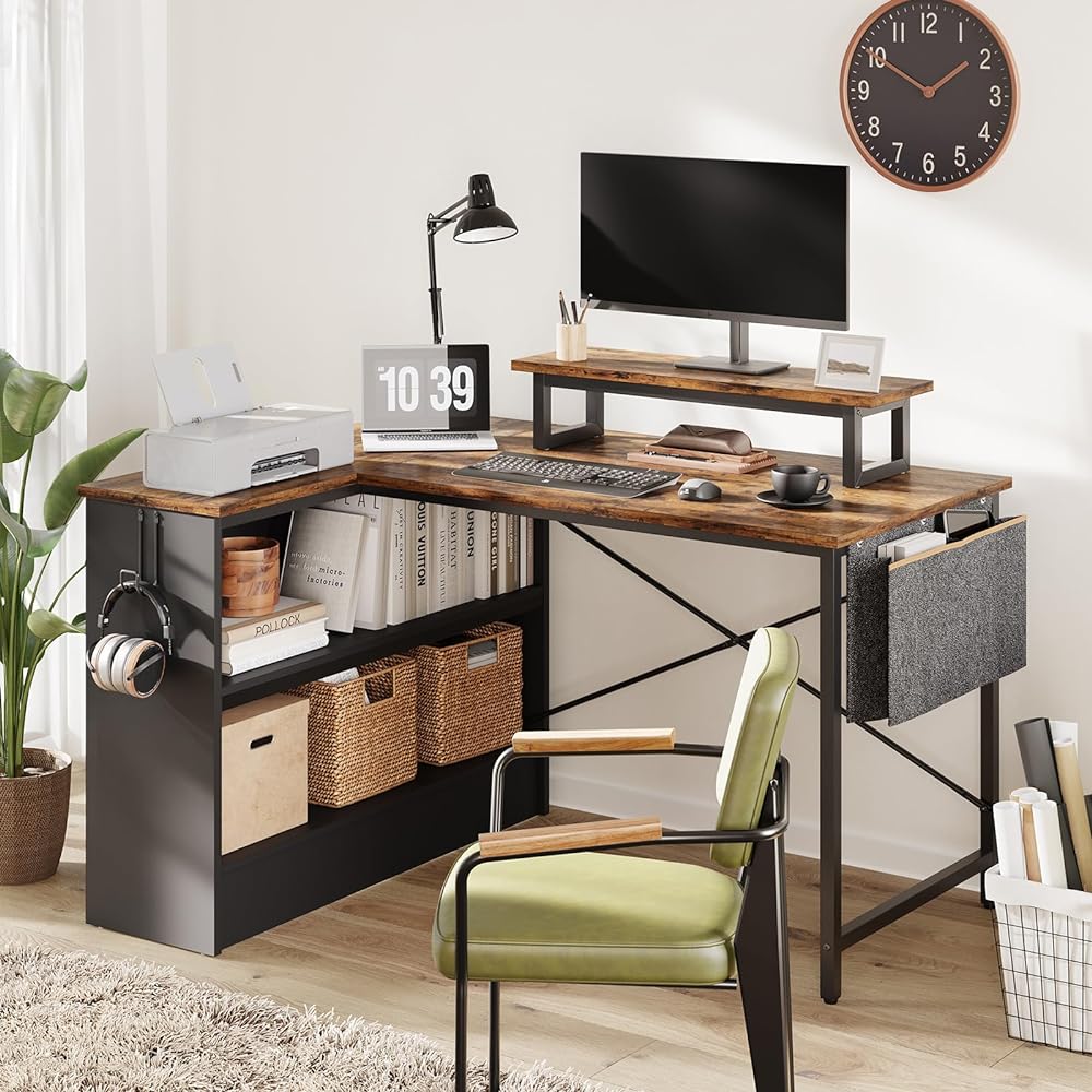 Bestier L-shaped desk, computer desk, width 107cm, study desk, study desk, compact storage, computer desk, storage bag included, LED light, corner desk, work desk, left and right interchangeable, stylish, wooden, vintage