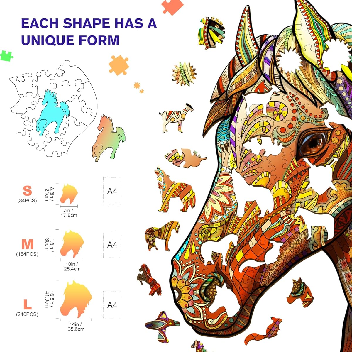 KAAYEE Wooden Jigsaw Puzzle - 300 Piece 16.5 x 14 Inch Horse Wooden Jigsaw Puzzle for Adults, Nicely Packaged for Gifting, Challenging Unique Shape Jigsaw Pieces