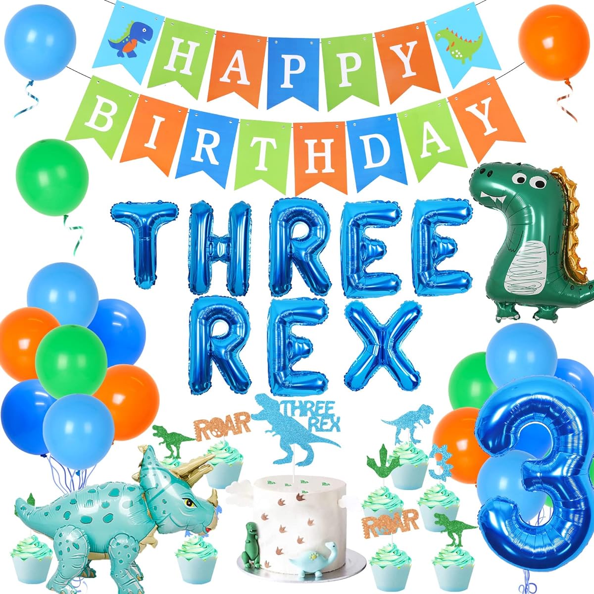 Dinosaur 3rd Birthday Decorations for Boys - Bruce Lee Rex Party Supplies Number 3 Dinosaur Balloons, Happy Birthday Banner, Green and Blue Balloons, Cake Topper for 3 Year Old Boy Birthday