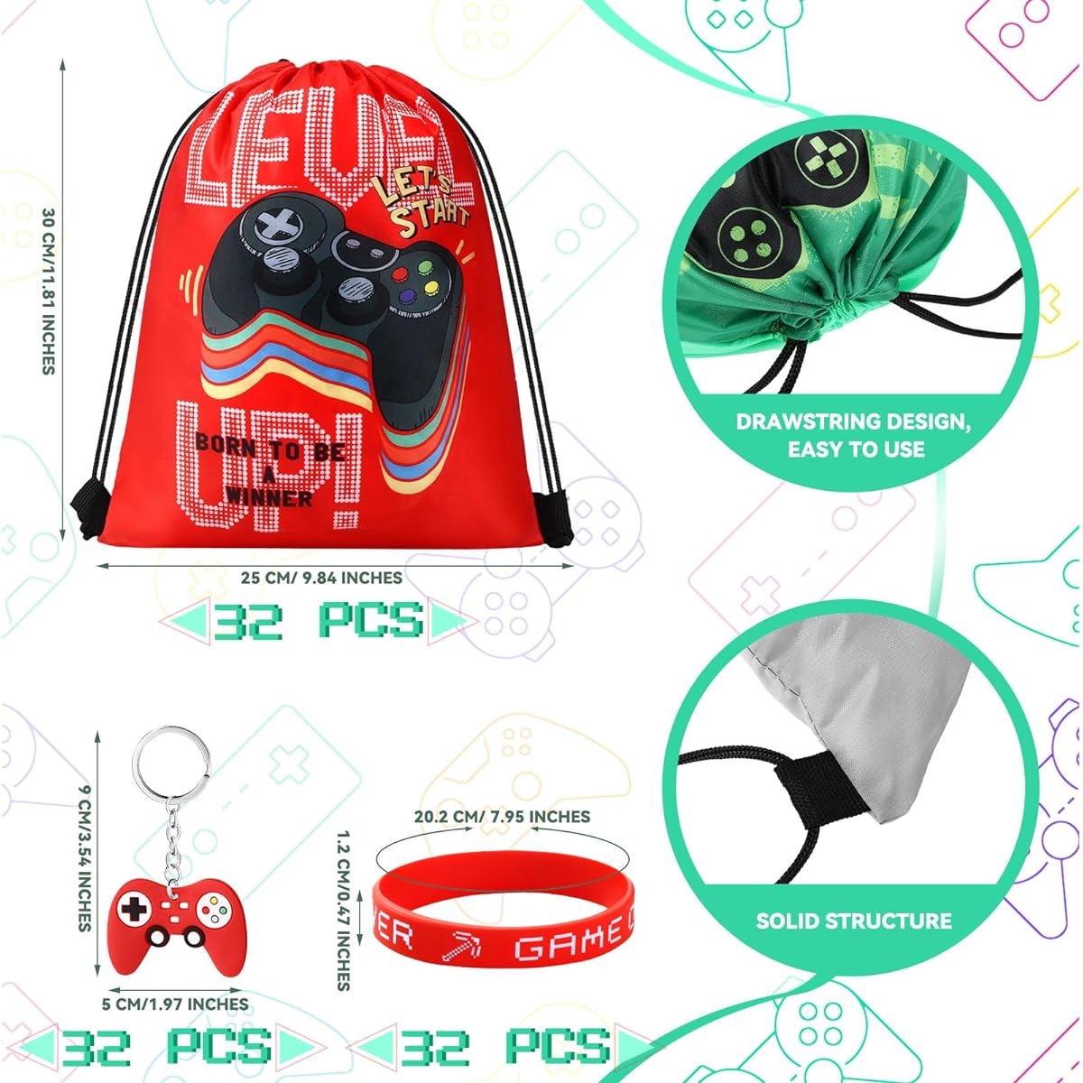 Talltalk Video Game Party Favors, 96 Pcs Video Game Party Drawstring Bags, 32 Video Game Goodie Bags, 32 Video Game Wristbands, 32 Rubber Bracelets, 32 Video Game Controller Keychains for Party