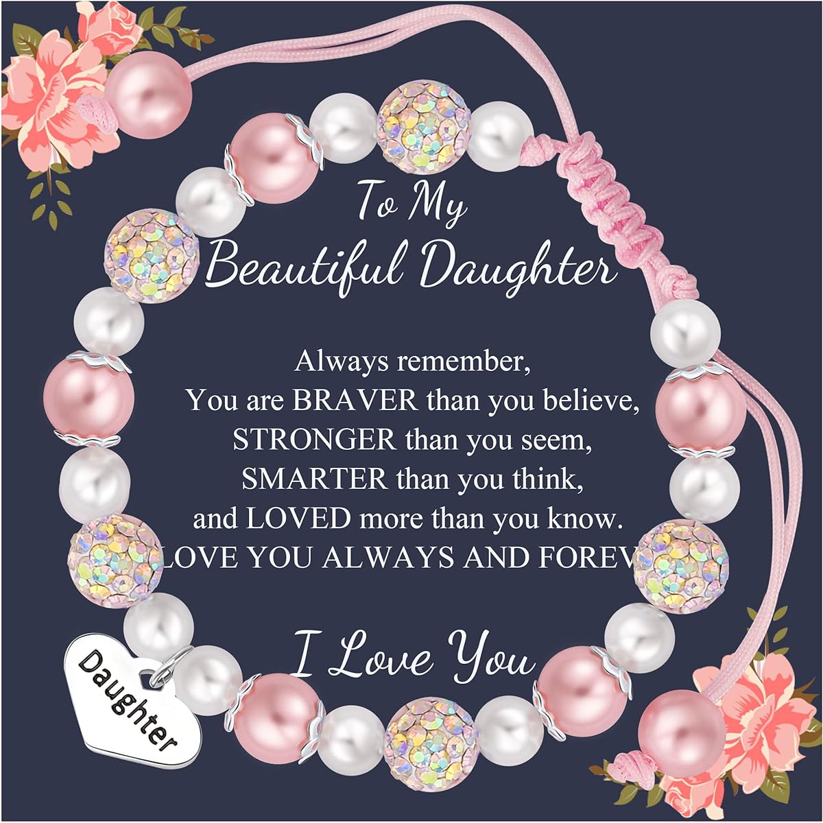 Sam & Molly Pink Pearl and Rhinestone Bracelet for Girls, Granddaughter, Niece, Birthday, Christmas, Easter Gift for Teen Girl, Daughter, Granddaughter, Niece