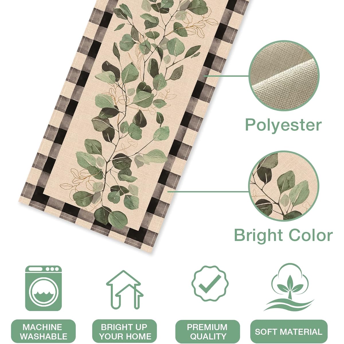 Seliem Spring Eucalyptus Leaf Greenery Table Runner Black White Buffalo Check Check Kitchen Dining Table Decor Green Plants Summer Farmhouse Home Decorations Party Supplies 13 x 72 Inch