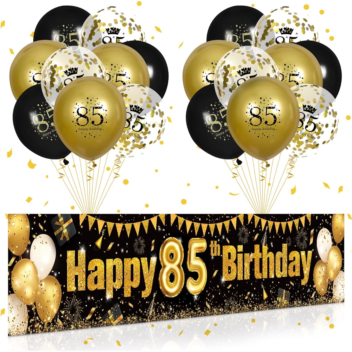 85th Birthday Decorations for Men and Women Black & Gold Black Gold Birthday Garden Banner Sign 18 Pieces 85th Anniversary Happy Birthday Balloons 85th Birthday Party Supplies Outdoor Garden Decorations