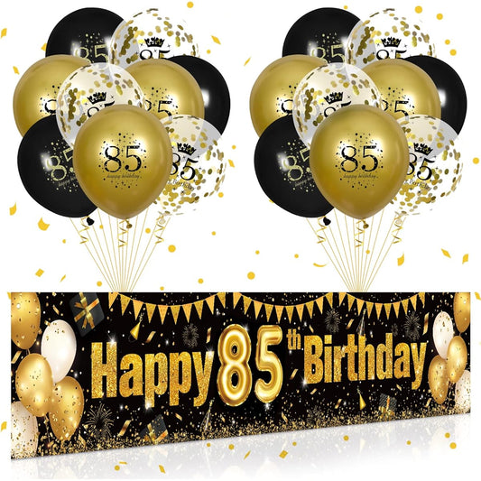 85th Birthday Decorations for Men and Women Black & Gold Black Gold Birthday Garden Banner Sign 18 Pieces 85th Anniversary Happy Birthday Balloons 85th Birthday Party Supplies Outdoor Garden Decorations