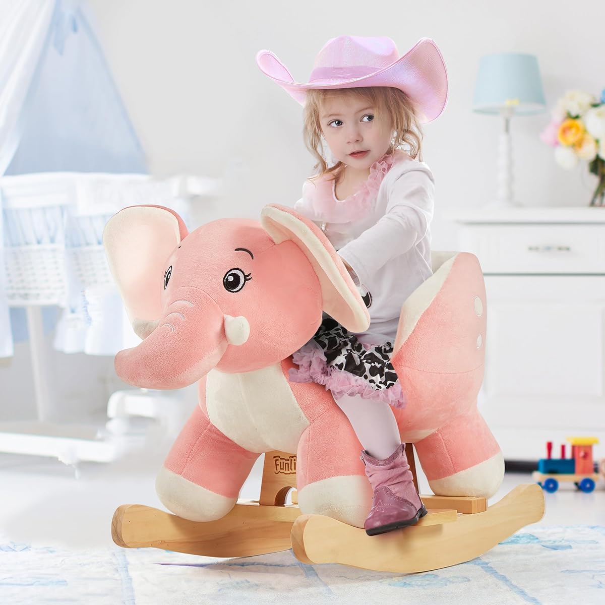 FUNLIO Elephant Baby Rocking Horse for Toddlers 6 Months to 3 Years, Cute and Elegant Pink Elephant Rocker for Baby Girls, Stuffed Animal Ride-On Rocking Animal, Easy to Assemble, CPC & CE Certified