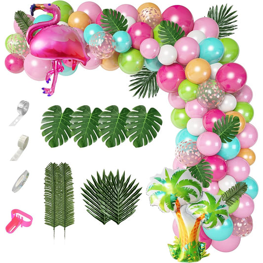 132pcs Tropical Flamingo Balloon Garland Kit, 40" Coconut Tree Foil Flamingo Balloons Green Pink Aqua Blue Confetti Balloons Palm Leaves Baby Shower Hawaiian Luau Birthday Party Decoration Supplies