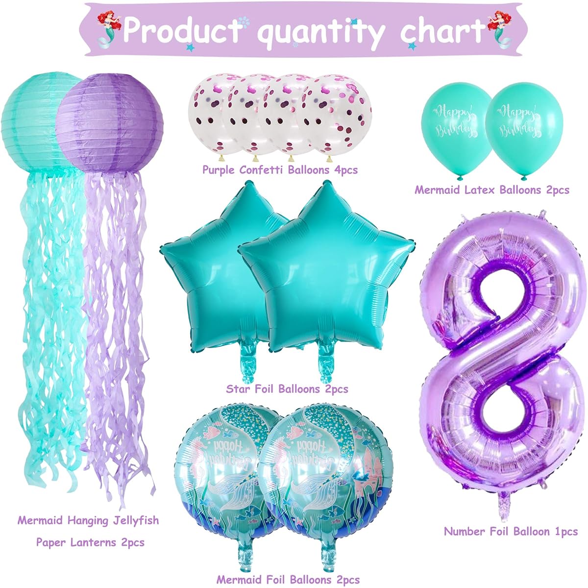ADLKGG 8 Years Mermaid Birthday Party Decorations for Girls Purple Teal Hanging Jellyfish Paper Lanterns Balloons 8 Foil Balloons Under the Sea Party Supplies for Outdoor and Indoor