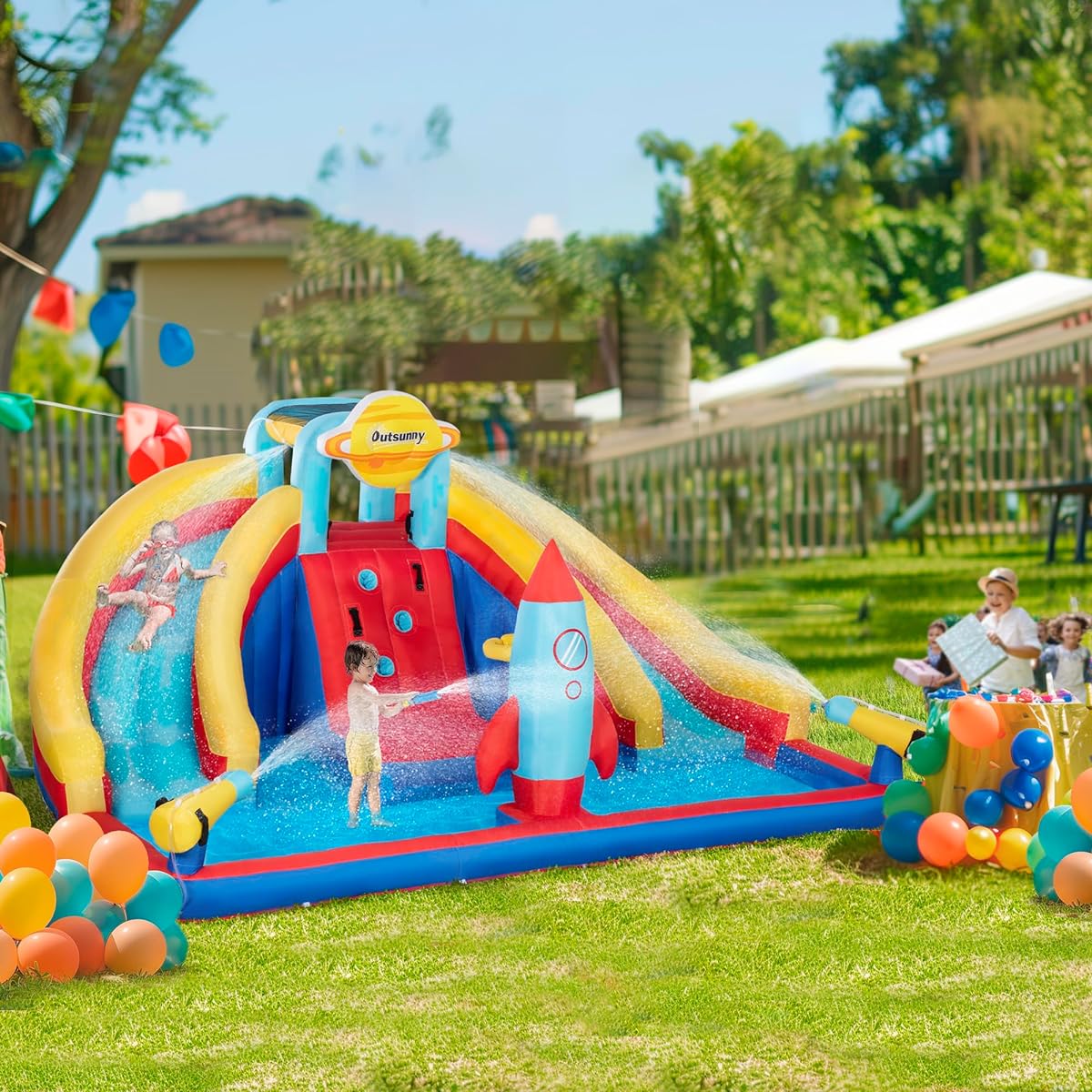 Outsunny 5-in-1 Inflatable Water Slide Rocket Theme Kids Castle Bounce House Slide Pool Water Cannon Basket Climbing Wall with Carry Bag Repair Patch 750W Air Blower