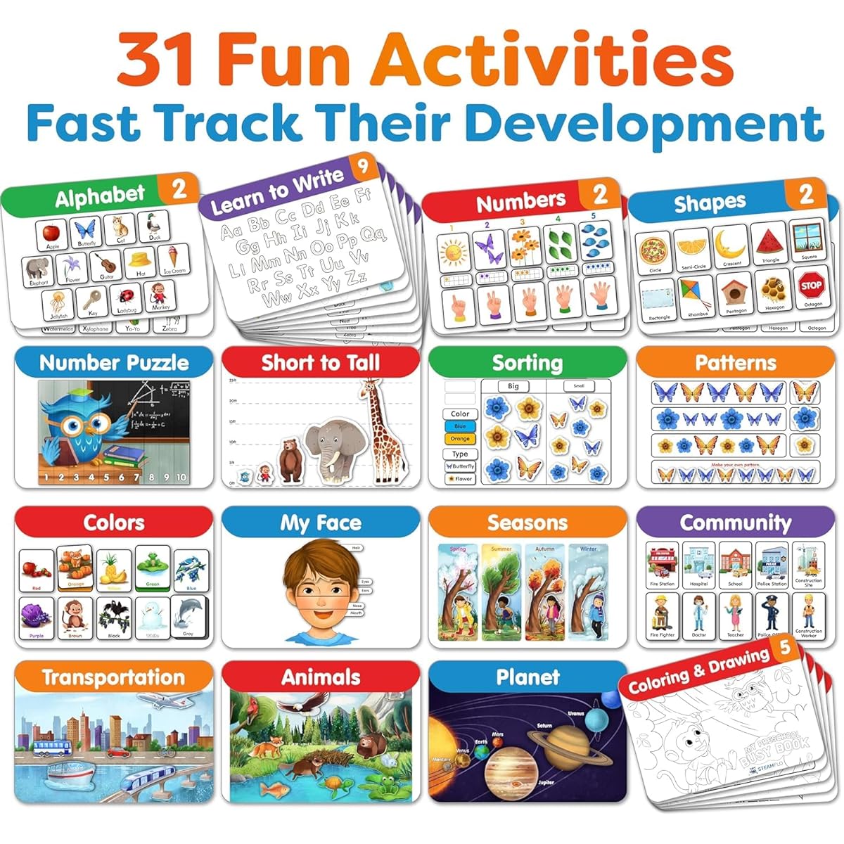 A busy book for 2-4 year olds - 31 activities that develop numbers, patterns, spatial sense, literary skills and real-world connections. Learn through play with interactive and independent activities.