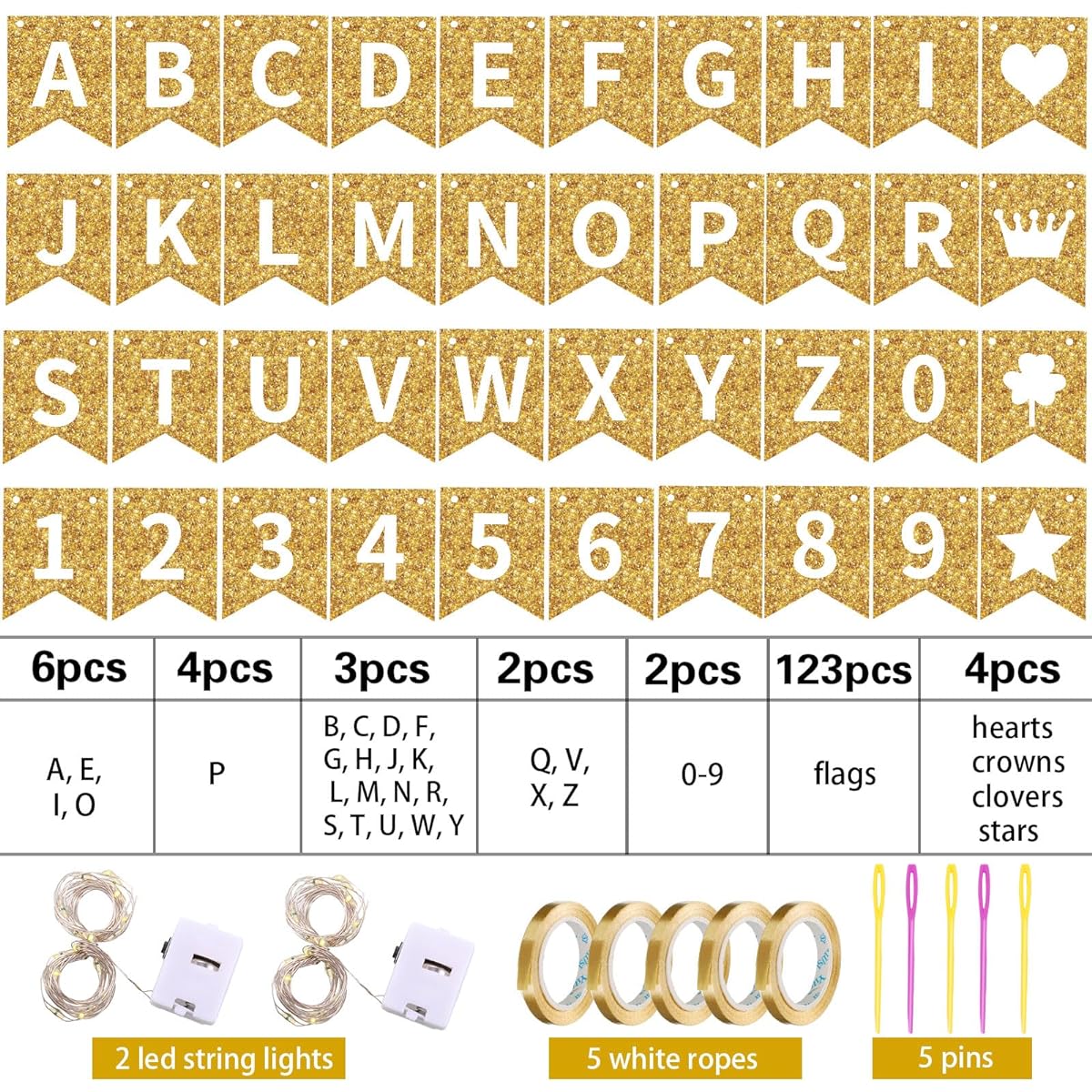 TaoBary 135pcs DIY Banner Custom Letter Kit with 107 Letters and Numbers, 16 Symbols, 2 String Lights, 5 Needles, 5 Ropes for Birthday/Halloween Party Decorations (Gold)