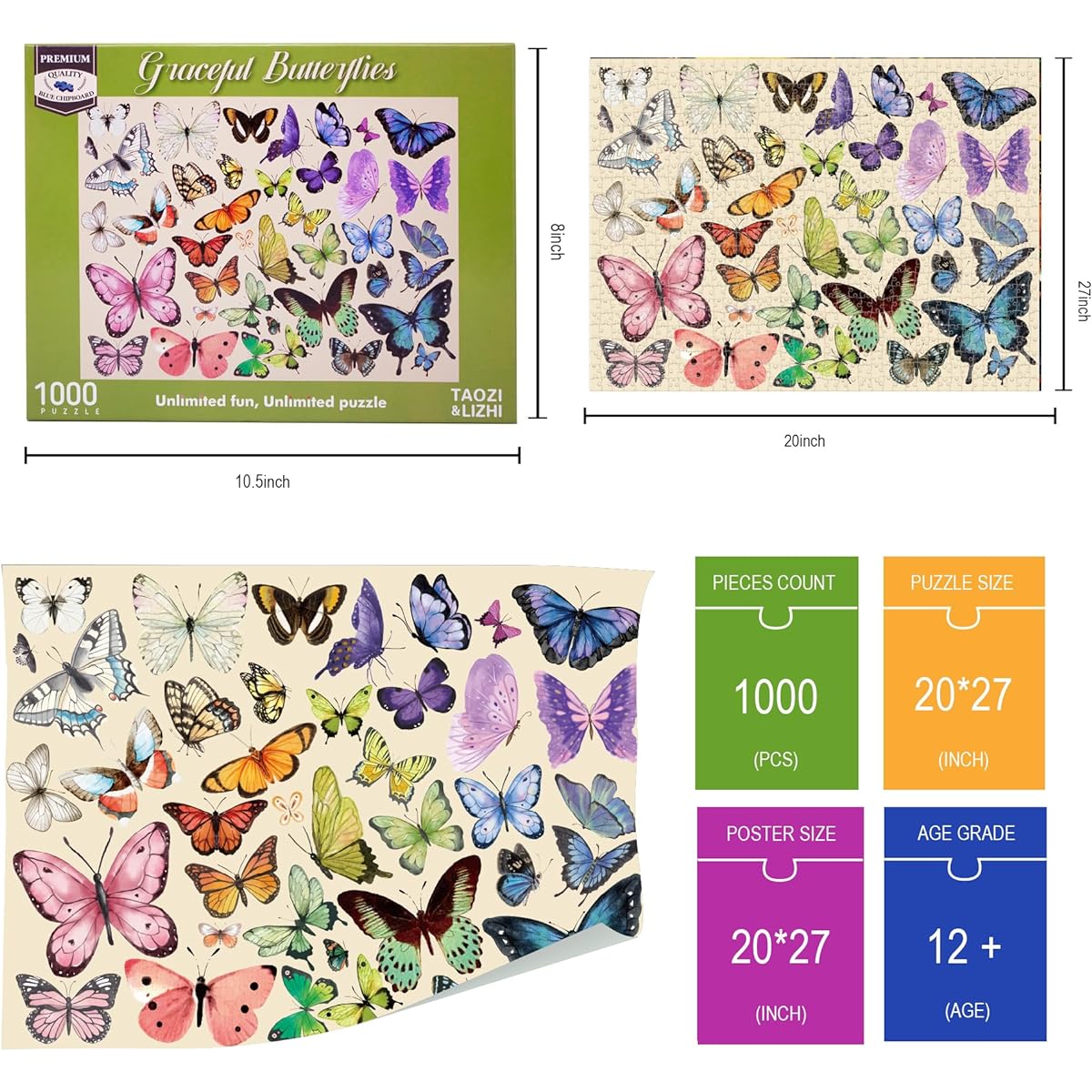 TAOZI&LIZHI Puzzle - Butterfly Beauty 1000 Piece Puzzle for Adults Butterfly Colorful Cool Nature Wildlife Puzzle Jigsaw Puzzle Size 20 x 27 Inch