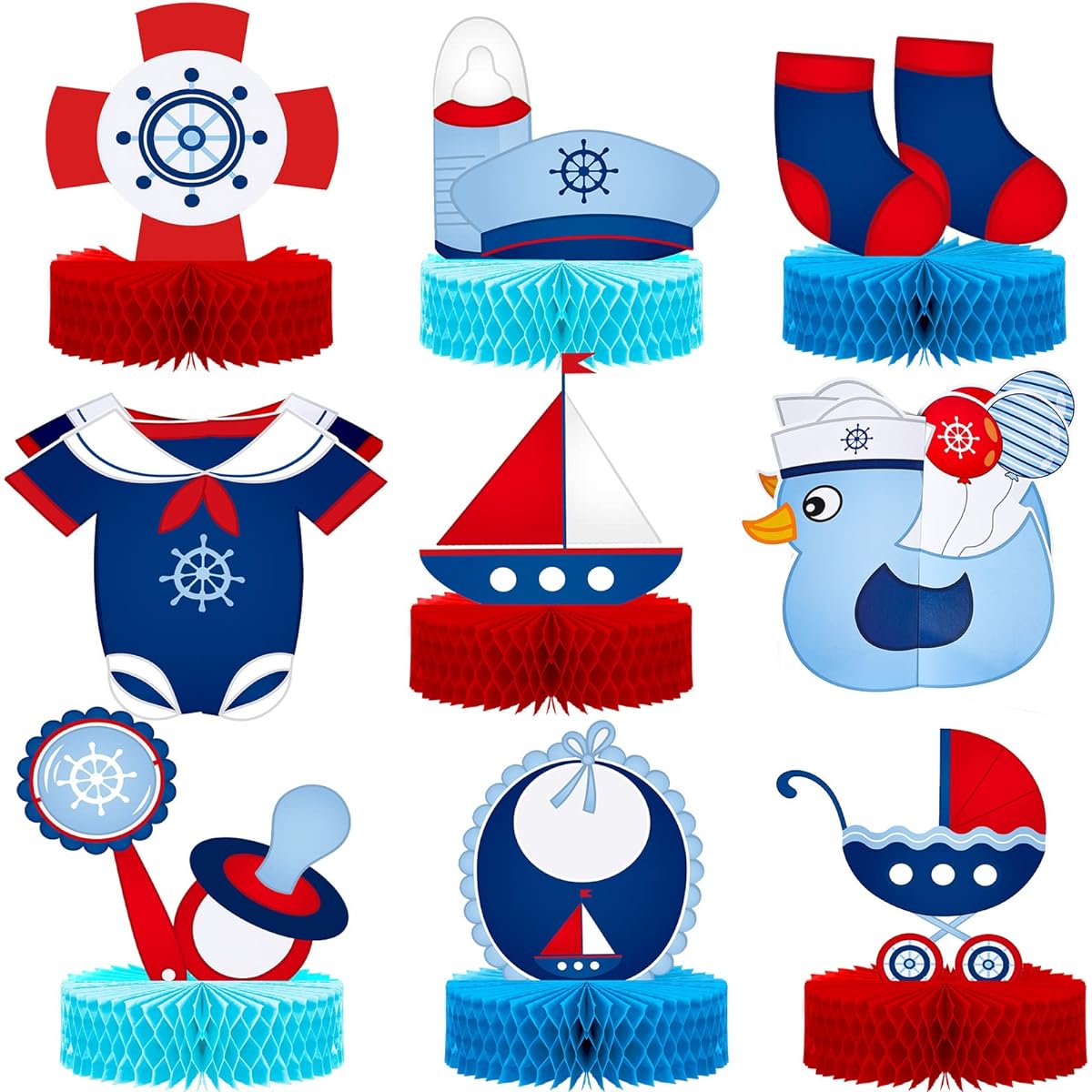 9pcs Nautical Baby Shower Party Centerpieces Birthday Party Honeycomb Decorations Baby Shower Table Decor Honeycomb Table Toppers for Boy Girl Gender Reveal Party Newborn Baby Party Favors