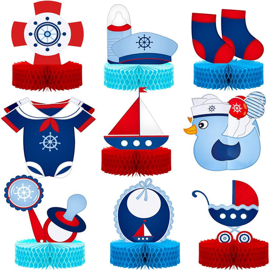 9pcs Nautical Baby Shower Party Centerpieces Birthday Party Honeycomb Decorations Baby Shower Table Decor Honeycomb Table Toppers for Boy Girl Gender Reveal Party Newborn Baby Party Favors