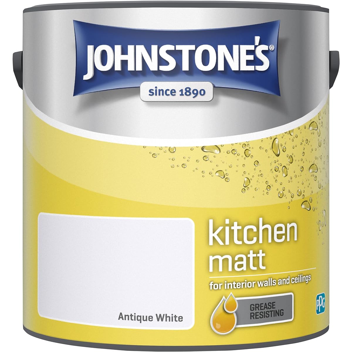 Johnstone's - Kitchen Paint - Antique White - Matt Finish - Grease & Stain Resistant - Suitable for Kitchen Walls & Ceilings - Highly Durable - Low Odour - 12m2 Coverage per Litre - 2.5L