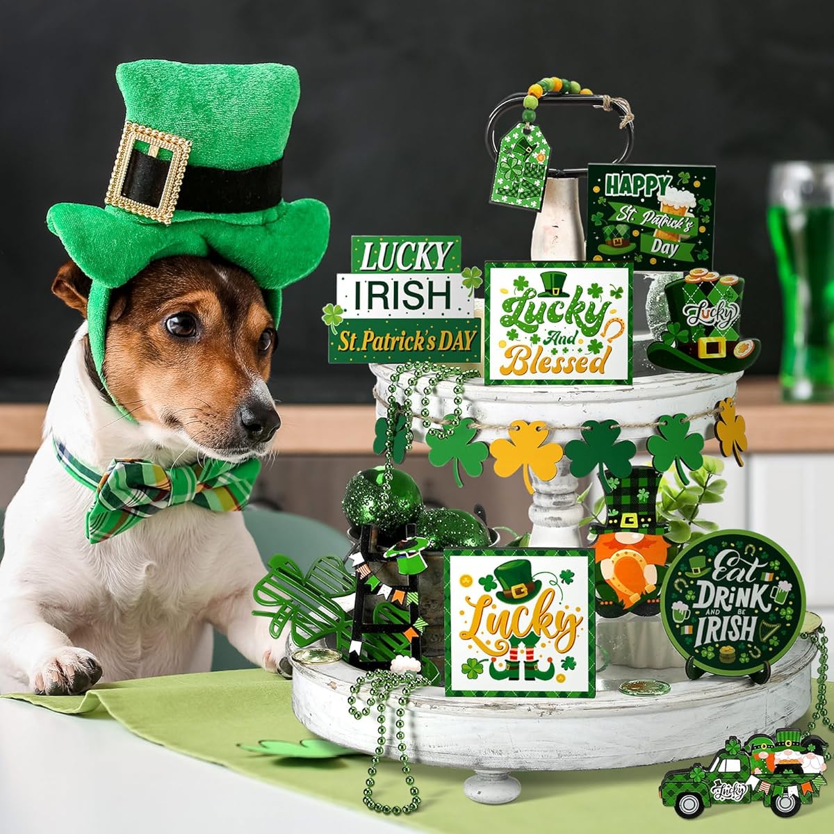 Bencailor 7pcs Valentine's Day Tiered Tray Decor St. Patrick's Table Centerpieces Wooden Stack Book Set Red Truck Four Leaf Clover Farmhouse Table Home Party Supplies (Gnome)