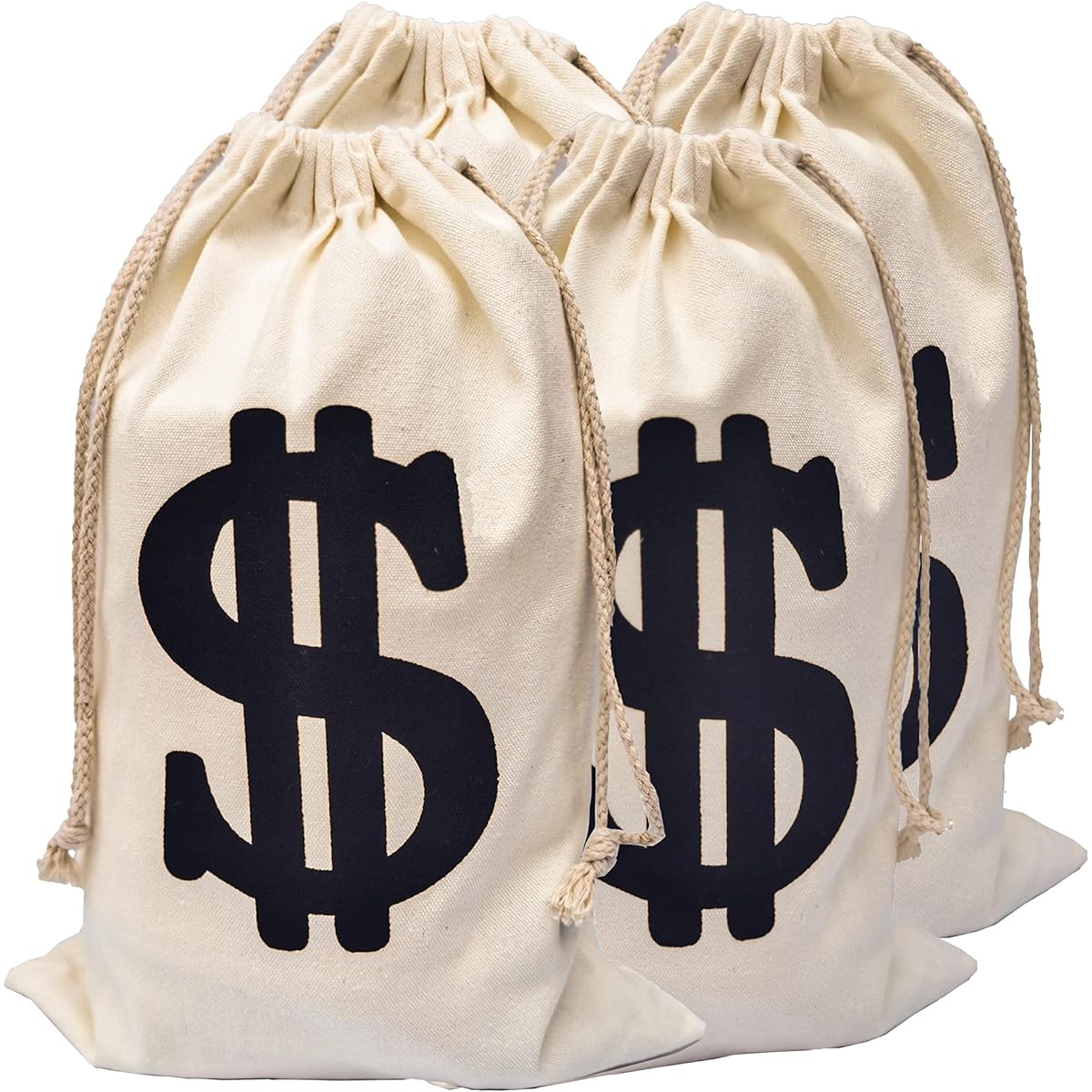 Eylola 4 Pack Money Bags, Money Bags for Party Decorations, 11.8 x 15.7 Inch Money Bags Robber Costume Money Bag Dollar Sign Carry Sack Toy Party Favors for Bank Robbery Pirate Cowboy Cosplay Theme Party