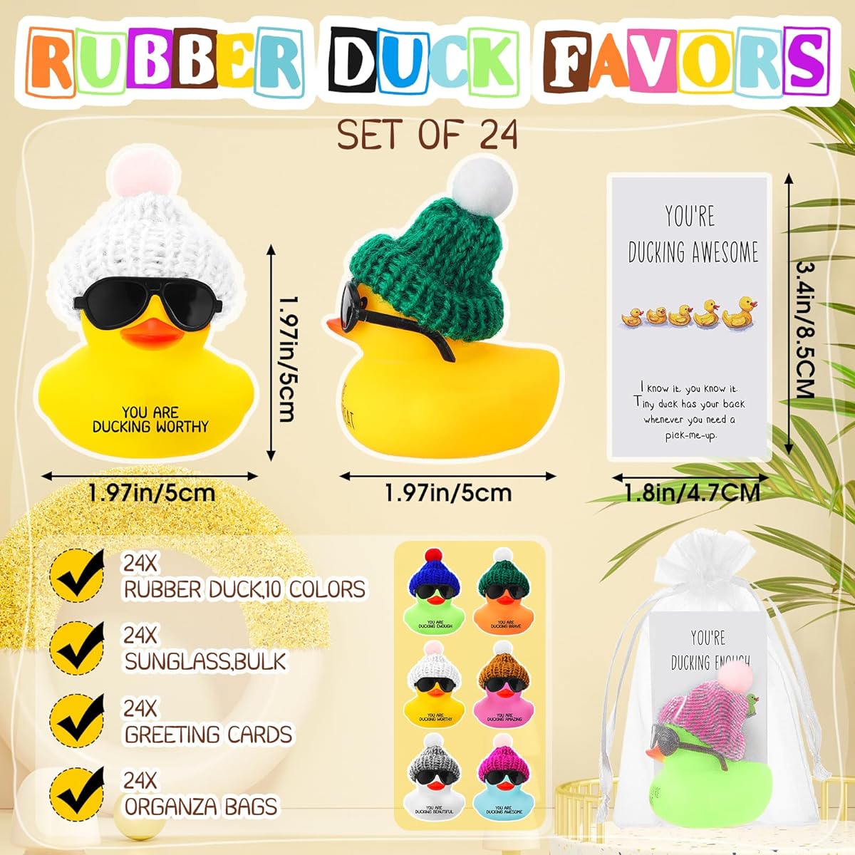 Liliful Inspirational Mini Rubber Duck with Glasses You are Awesome Sign Thank You Gifts for Employees Teachers Appreciation Gifts You're Great Kind Cheer up Cards (Set of 108, Multicolor)
