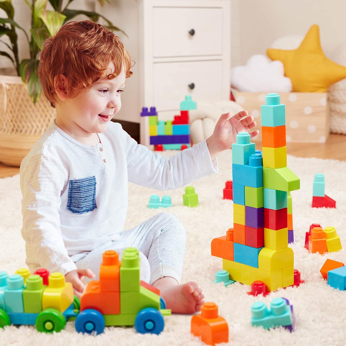 Battat Locbloc - Large Building Blocks - 80 Colorful Pieces - 8 Wheel Blocks - Zippered Storage - Bag of Blocks - 2+ Years