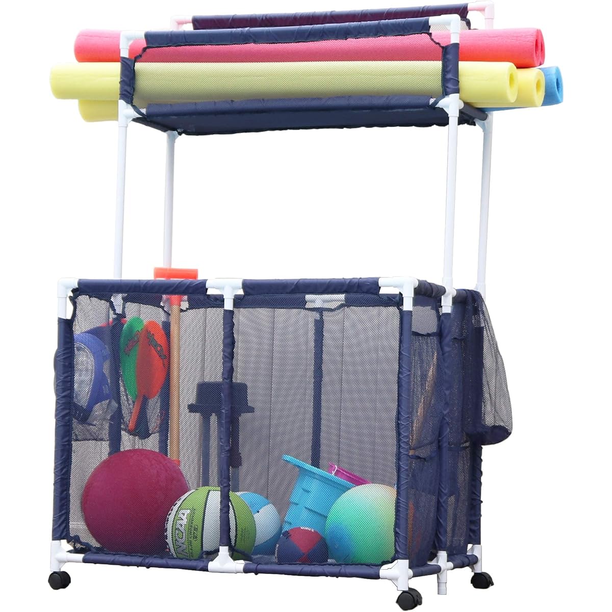 Pool Bin Pool Storage Equipment Organizer Holder for Noodles Toys Balls Floats Mesh Rolling Double Decker Bin Large with Noodle Rack (23"L x 35.4"W x 69"H) Blue/White