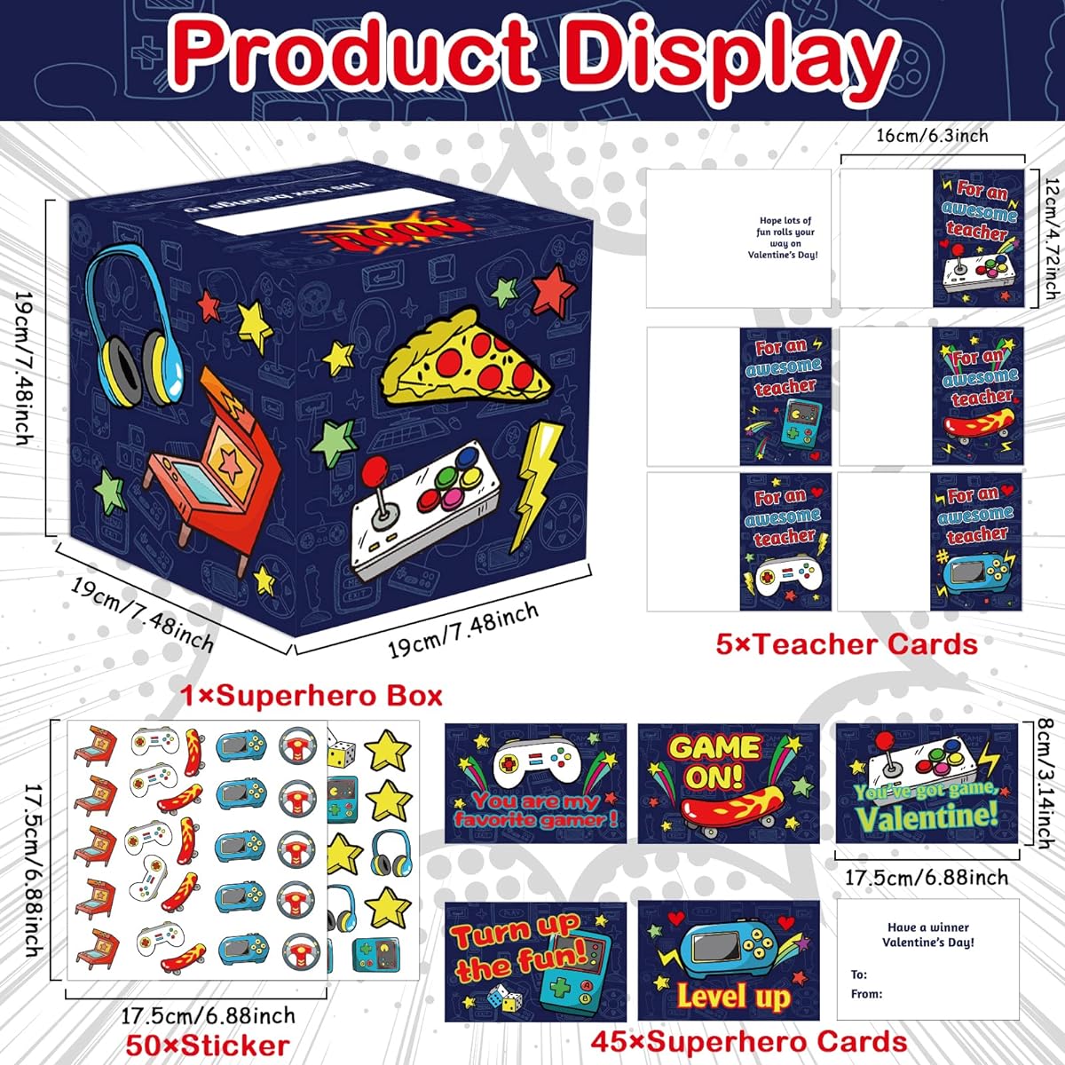 Valentine's Day Cards for Kids, Mailbox, Video Game Theme Valentine's Day Exchange Cards Box Set for Classroom, Boys, Girls, School, Lessons, Party Favors (1 Mailbox, 50 Valentine Cards, 50 Stickers)