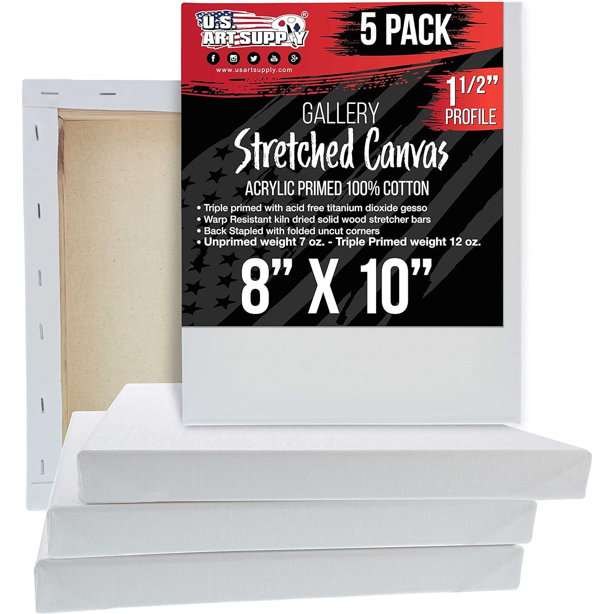 U.S. Art Supply 8" x 10" Gallery Depth 1-1/2" Profile Stretched Canvas 5 Pack, Acrylic Gesso Triple Prime, 12oz 100% Cotton, Acid Free Back, Stapled