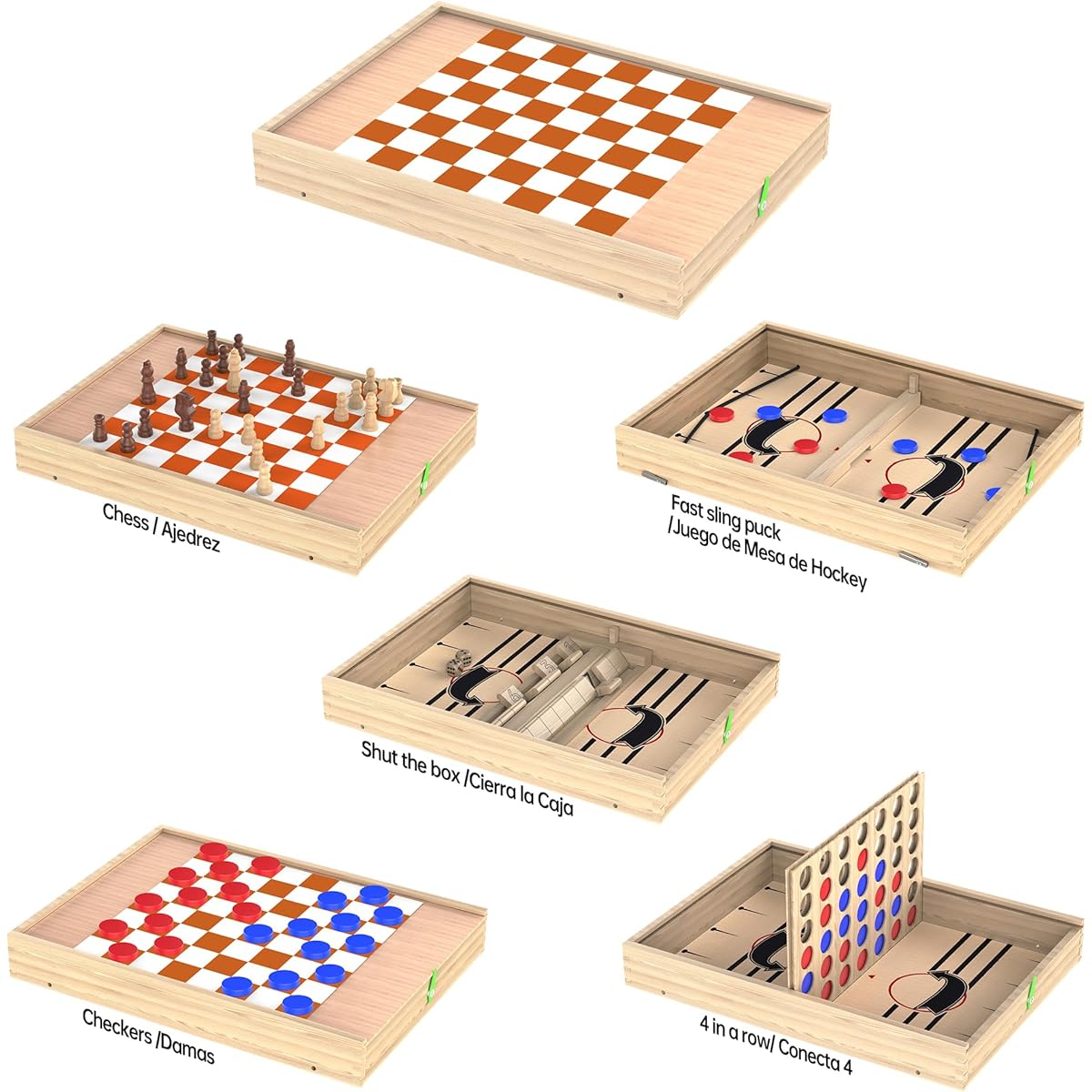 5-in-1 Wooden Board Game Set Chess Checkers Shut the Box Hockey Game Sling Puck for Kids Adults Family Fun