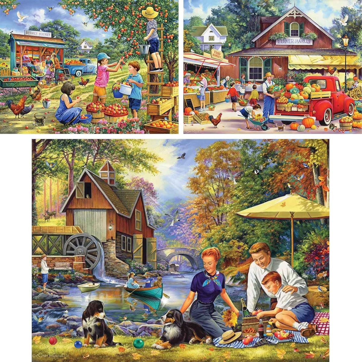 Bits and Pieces - Great Value 3-300 Piece Jigsaw Puzzle Set for Adults - Puzzle Dimensions 18" x 24" - Apple Picking Harvest Summer Mill 300 Piece Large Piece Jigsaw Puzzle Artist Oleg Gavrilov - 18" x 24"