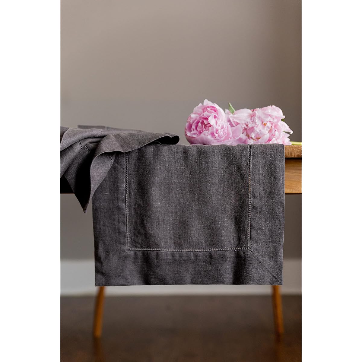 Solino Home Charcoal Linen Table Runner - 100% Pure Linen 14" x 108" Stonewashed Table Runner for Dining/Living/Party/Living Room - Heavyweight Hemstitched Handcrafted from European Flax