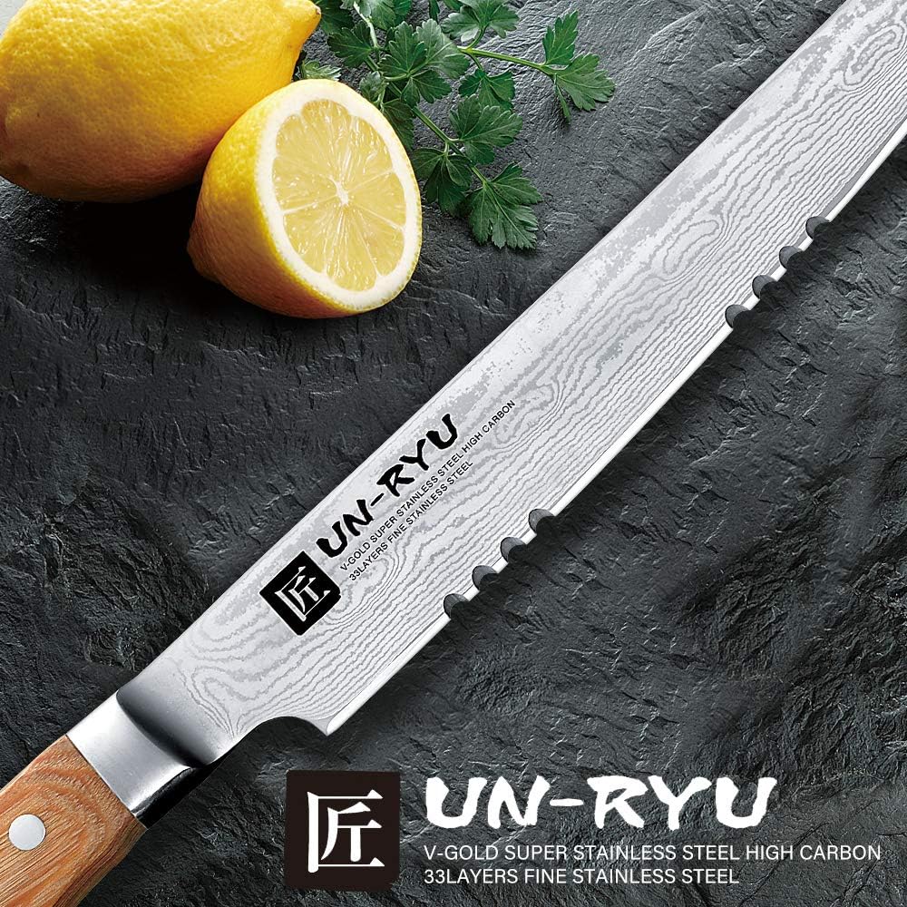 Shimomura Kougyou Made in Japan Unryu Bread Slicer Knife Damascus Steel 210mm VG - 10 33 Layers Cuts Fluffy Bread Cleanly UNR-06 Made in Niigata Tsubame-Sanjo