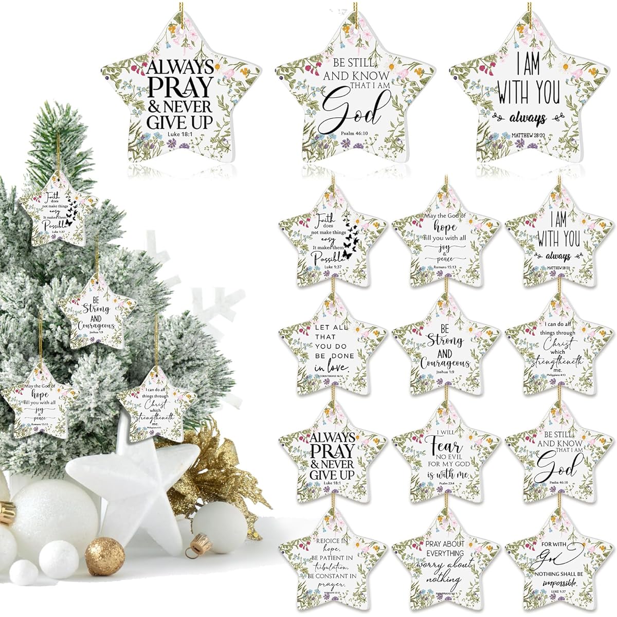 Poen Christmas Ornaments Bible Verse Christian Star Flat Ceramic Ornaments Wildflower Botanical Boho Inspirational Quote Ornaments for Mom Women Teacher Bedroom Decor Hanging Religious Gifts (12 Pieces)