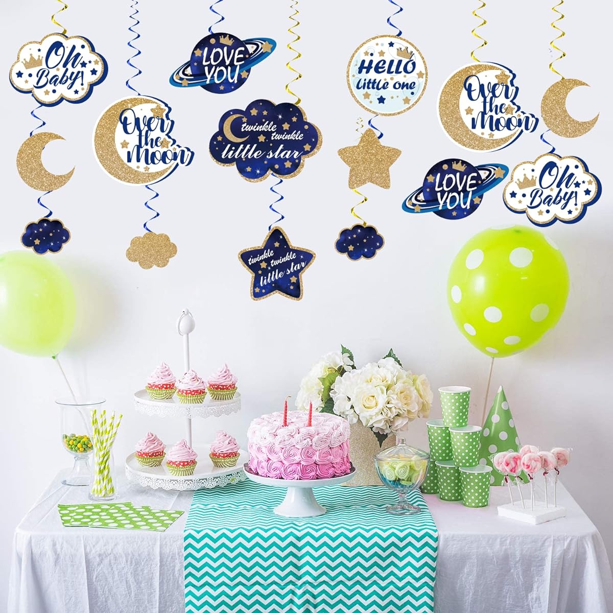 Twinkle Twinkle Little Star Baby Shower Decorations Hanging Swirls, 40 Pieces No DIY Moon and Stars Baby Shower Decorations Moon and Stars Baby Shower Swirls Glitter Foil Ceiling Swirls