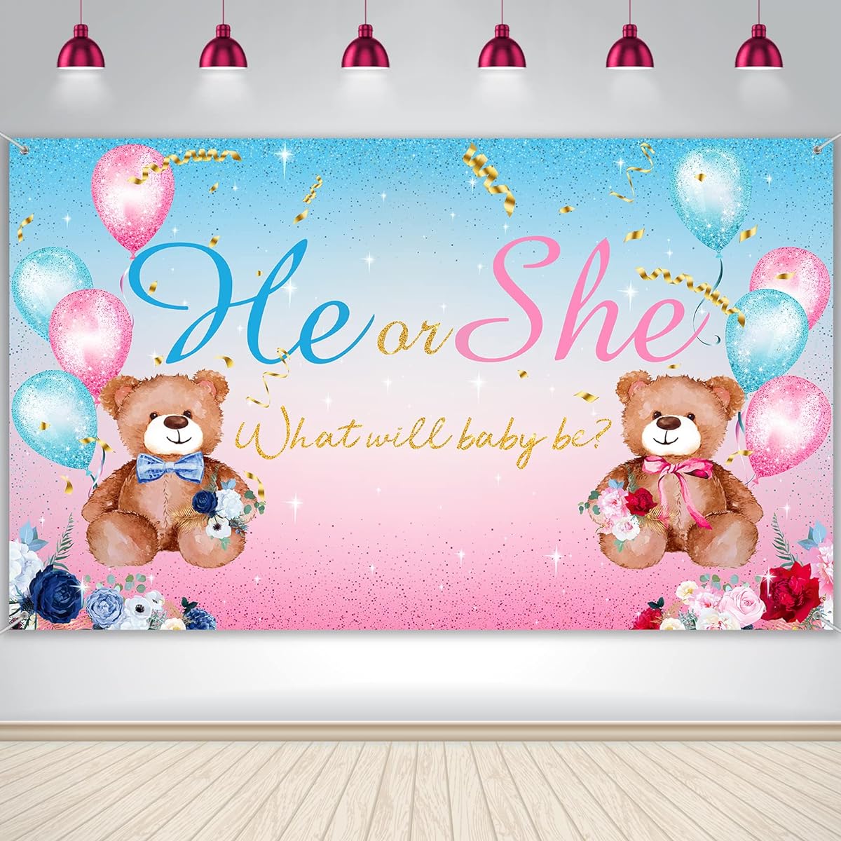 Gender Reveal Backdrop His or Her Party Banner Boy Girl Teddy Bear Background Pink or Blue Photo Backdrop Party Decorations 6 x 60 ft