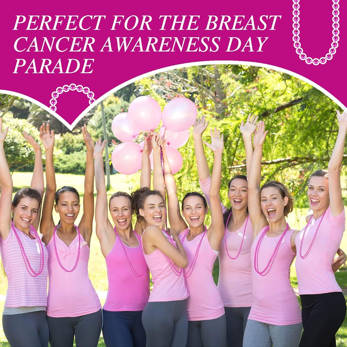 Batiyeer 200pcs 31.5" Hot Pink Beaded Necklaces Metallic Breast Cancer Awareness Beaded Necklaces Pink Beaded Necklaces Beaded Costume Necklaces for Baby Shower Gender Reveal Bachelorette Party, Plastic, Plastic.