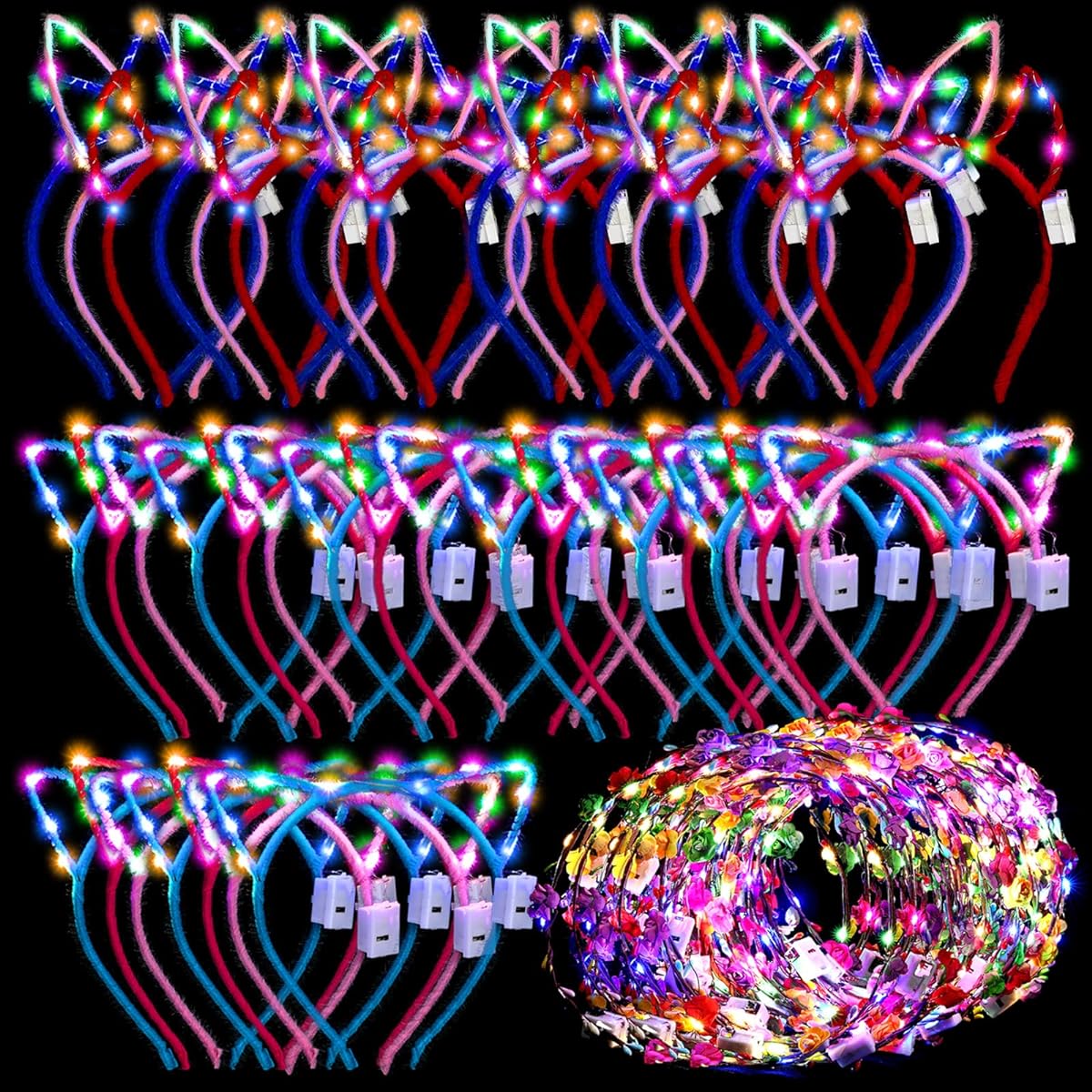 50pcs LED Cat Ear Headbands Bulk Light Up Flower Headbands Glow Crown Bunny Ears Hairband Luminous Head Accessories for Adults Kids Christmas Glow in the Dark Party Supplies