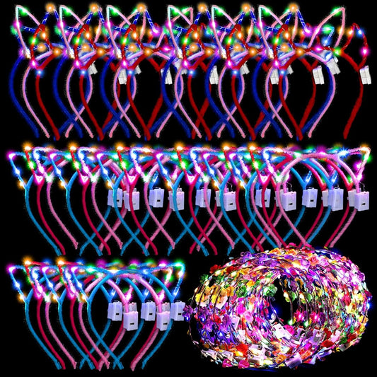 50pcs LED Cat Ear Headbands Bulk Light Up Flower Headbands Glow Crown Bunny Ears Hairband Luminous Head Accessories for Adults Kids Christmas Glow in the Dark Party Supplies